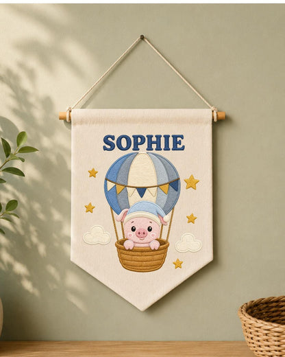 Personalized Hot Air Balloon Pig Wall Hanging, Custom Name Embroidered Banner, Baby Girl Nursery Decor, Cute Adventure Room Gift