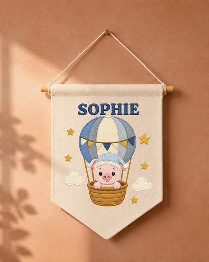 Personalized Hot Air Balloon Pig Wall Hanging, Custom Name Embroidered Banner, Baby Girl Nursery Decor, Cute Adventure Room Gift
