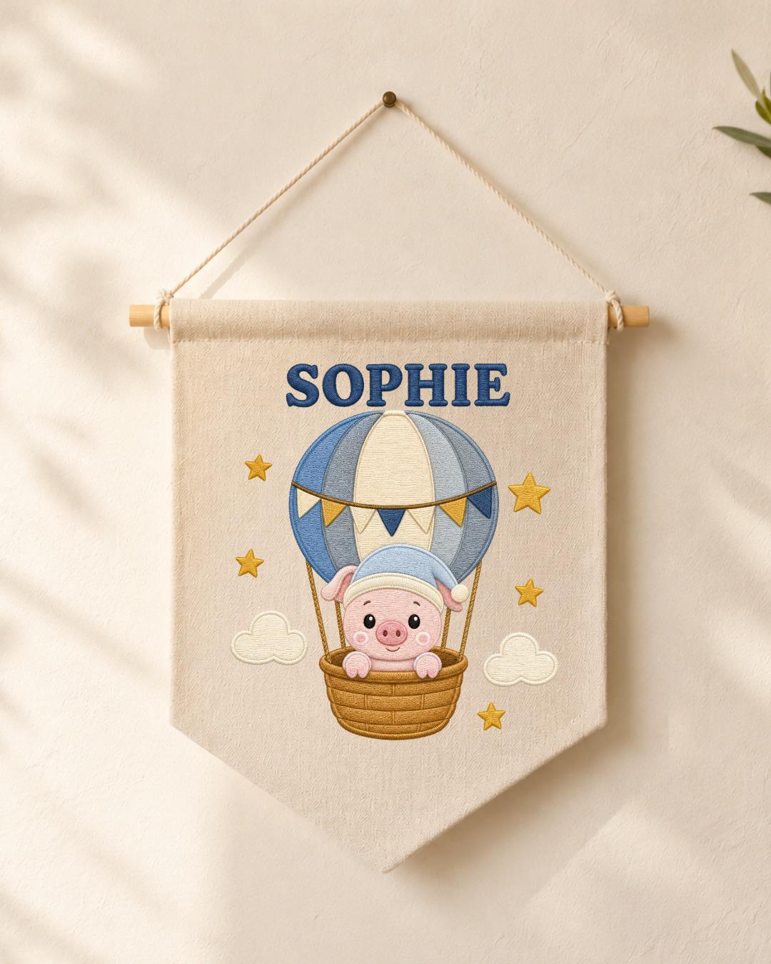 Personalized Hot Air Balloon Pig Wall Hanging, Custom Name Embroidered Banner, Baby Girl Nursery Decor, Cute Adventure Room Gift