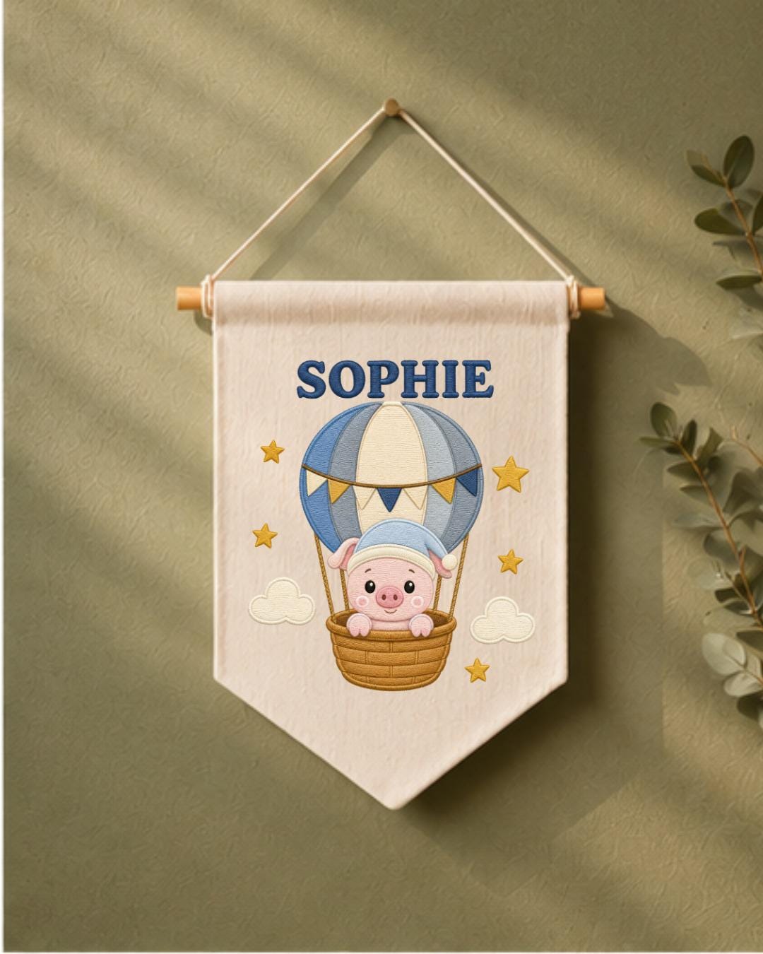 Personalized Hot Air Balloon Pig Wall Hanging, Custom Name Embroidered Banner, Baby Girl Nursery Decor, Cute Adventure Room Gift