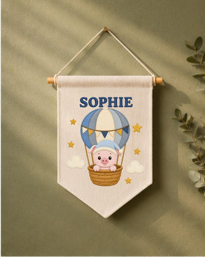 Personalized Hot Air Balloon Pig Wall Hanging, Custom Name Embroidered Banner, Baby Girl Nursery Decor, Cute Adventure Room Gift