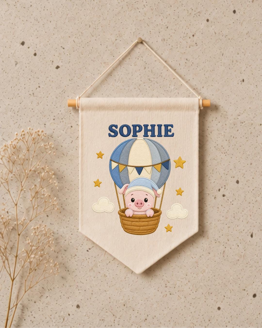 Personalized Hot Air Balloon Pig Wall Hanging, Custom Name Embroidered Banner, Baby Girl Nursery Decor, Cute Adventure Room Gift