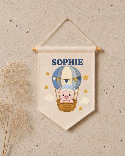 Personalized Hot Air Balloon Pig Wall Hanging, Custom Name Embroidered Banner, Baby Girl Nursery Decor, Cute Adventure Room Gift