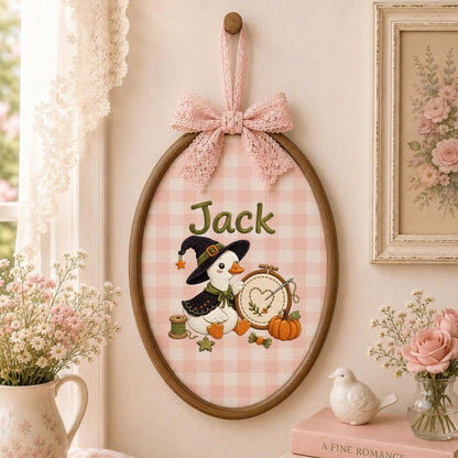 Personalized Halloween Witch Duck Nursery Decor, Custom Name Embroidered Oval Hoop Art, Spooky Crafty Duck Sewing Room Wall Sign