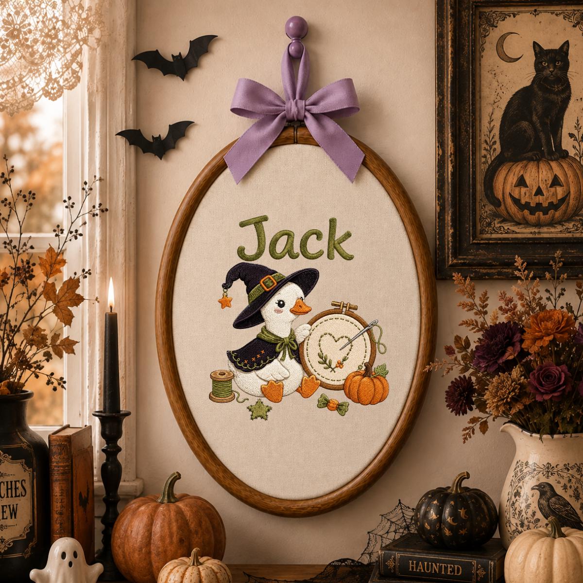 Personalized Halloween Witch Duck Nursery Decor, Custom Name Embroidered Oval Hoop Art, Spooky Crafty Duck Sewing Room Wall Sign