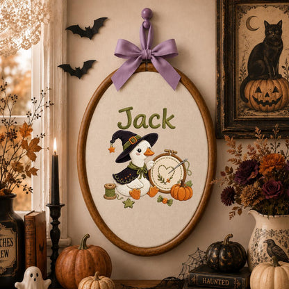 Personalized Halloween Witch Duck Nursery Decor, Custom Name Embroidered Oval Hoop Art, Spooky Crafty Duck Sewing Room Wall Sign