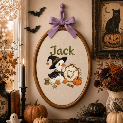 Personalized Halloween Witch Duck Nursery Decor, Custom Name Embroidered Oval Hoop Art, Spooky Crafty Duck Sewing Room Wall Sign