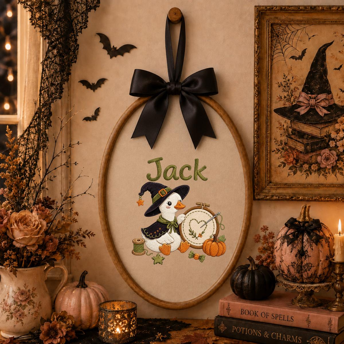 Personalized Halloween Witch Duck Nursery Decor, Custom Name Embroidered Oval Hoop Art, Spooky Crafty Duck Sewing Room Wall Sign