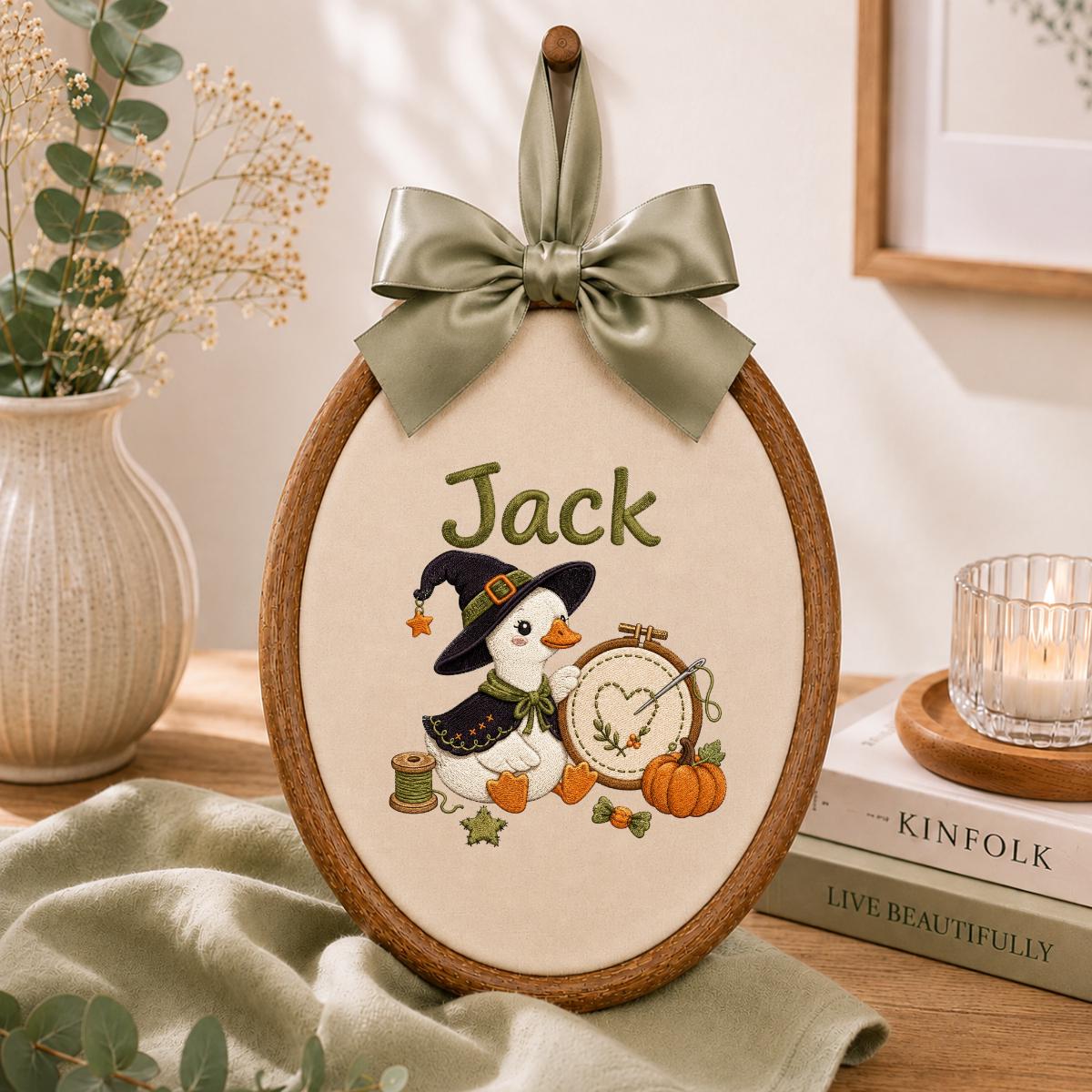 Personalized Halloween Witch Duck Nursery Decor, Custom Name Embroidered Oval Hoop Art, Spooky Crafty Duck Sewing Room Wall Sign