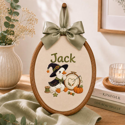 Personalized Halloween Witch Duck Nursery Decor, Custom Name Embroidered Oval Hoop Art, Spooky Crafty Duck Sewing Room Wall Sign