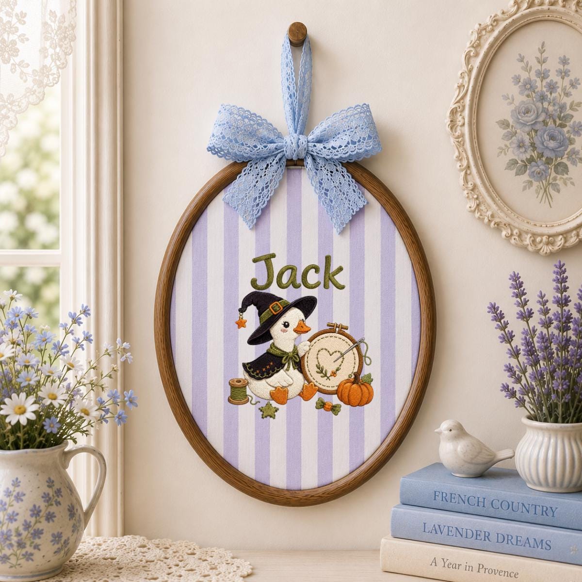 Personalized Halloween Witch Duck Nursery Decor, Custom Name Embroidered Oval Hoop Art, Spooky Crafty Duck Sewing Room Wall Sign
