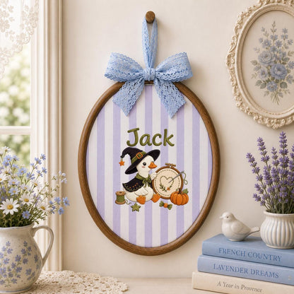 Personalized Halloween Witch Duck Nursery Decor, Custom Name Embroidered Oval Hoop Art, Spooky Crafty Duck Sewing Room Wall Sign
