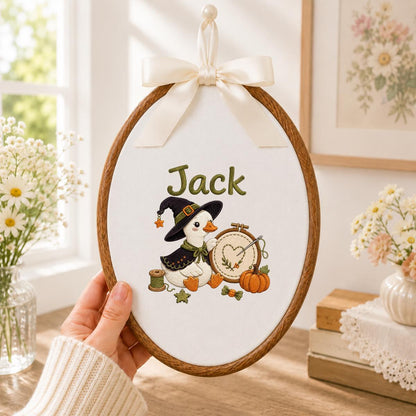 Personalized Halloween Witch Duck Nursery Decor, Custom Name Embroidered Oval Hoop Art, Spooky Crafty Duck Sewing Room Wall Sign