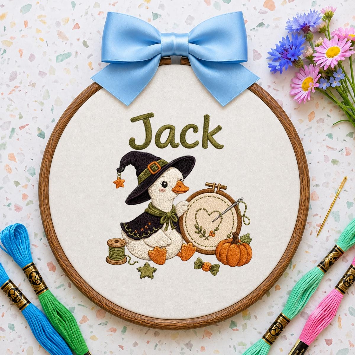 Personalized Halloween Witch Duck Nursery Decor, Custom Name Embroidered Oval Hoop Art, Spooky Crafty Duck Sewing Room Wall Sign