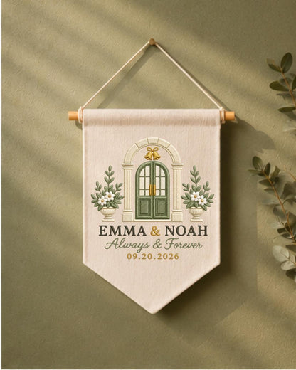 Personalized Wedding Wall Hanging, Custom Couple Names and Date Embroidered Banner, Wedding Keepsake Decor, Anniversary or Newlywed Gift