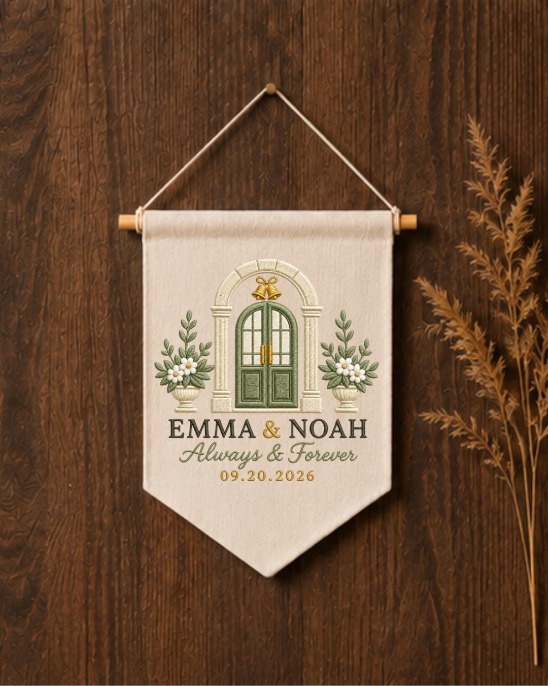 Personalized Wedding Wall Hanging, Custom Couple Names and Date Embroidered Banner, Wedding Keepsake Decor, Anniversary or Newlywed Gift