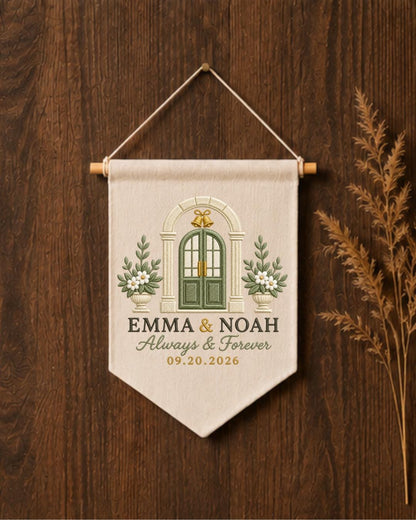 Personalized Wedding Wall Hanging, Custom Couple Names and Date Embroidered Banner, Wedding Keepsake Decor, Anniversary or Newlywed Gift