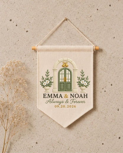 Personalized Wedding Wall Hanging, Custom Couple Names and Date Embroidered Banner, Wedding Keepsake Decor, Anniversary or Newlywed Gift