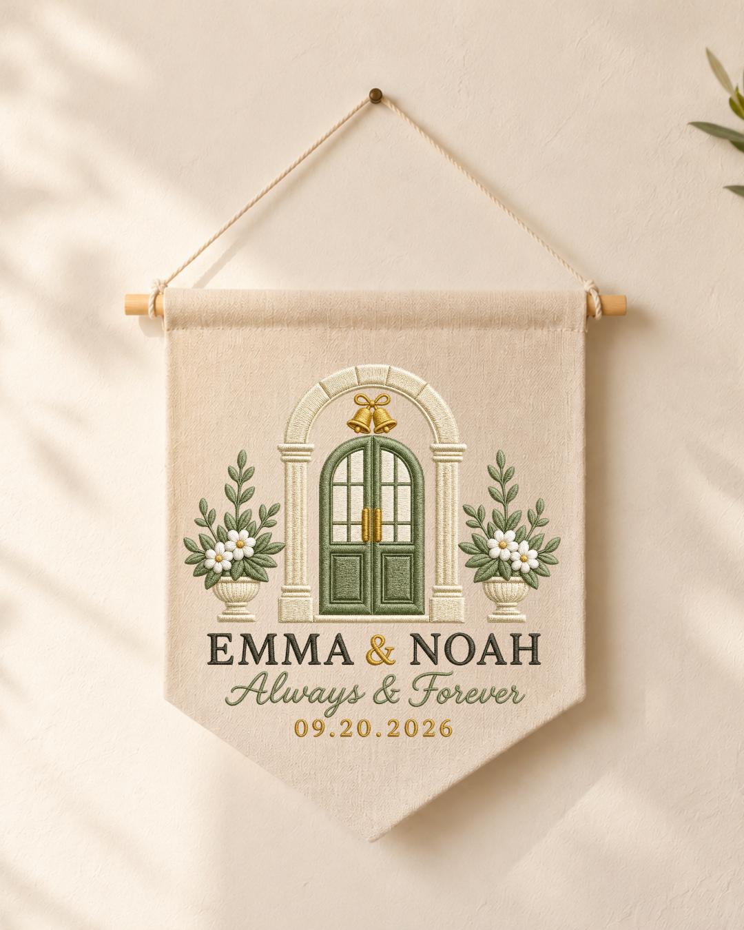 Personalized Wedding Wall Hanging, Custom Couple Names and Date Embroidered Banner, Wedding Keepsake Decor, Anniversary or Newlywed Gift