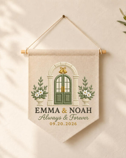 Personalized Wedding Wall Hanging, Custom Couple Names and Date Embroidered Banner, Wedding Keepsake Decor, Anniversary or Newlywed Gift