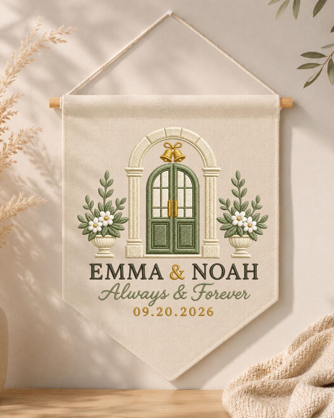 Personalized Wedding Wall Hanging, Custom Couple Names and Date Embroidered Banner, Wedding Keepsake Decor, Anniversary or Newlywed Gift