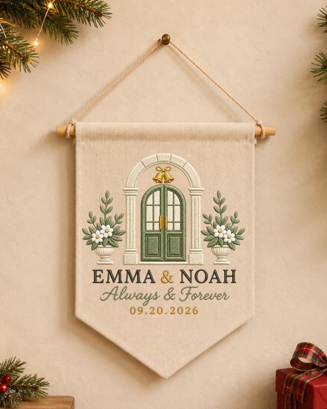 Personalized Wedding Wall Hanging, Custom Couple Names and Date Embroidered Banner, Wedding Keepsake Decor, Anniversary or Newlywed Gift