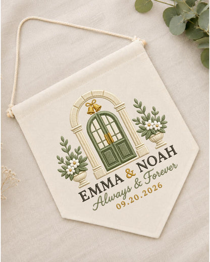 Personalized Wedding Wall Hanging, Custom Couple Names and Date Embroidered Banner, Wedding Keepsake Decor, Anniversary or Newlywed Gift