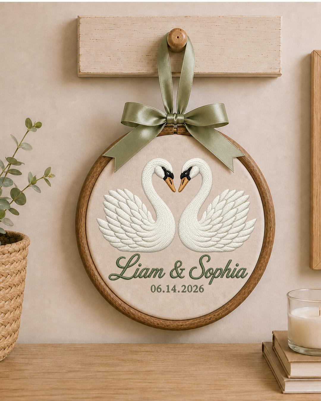 Personalized Embroidered Swan Couple Ornament, Custom Names and Date Hoop, Wedding Anniversary Gift, Romantic Couple Keepsake