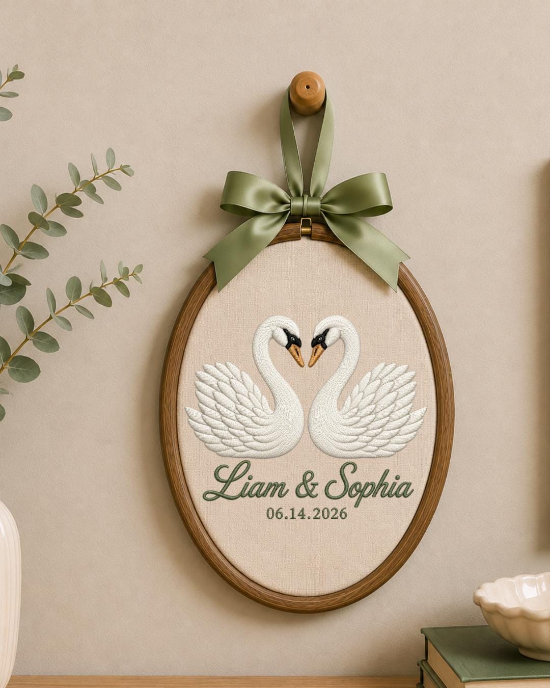 Personalized Embroidered Swan Couple Ornament, Custom Names and Date Hoop, Wedding Anniversary Gift, Romantic Couple Keepsake