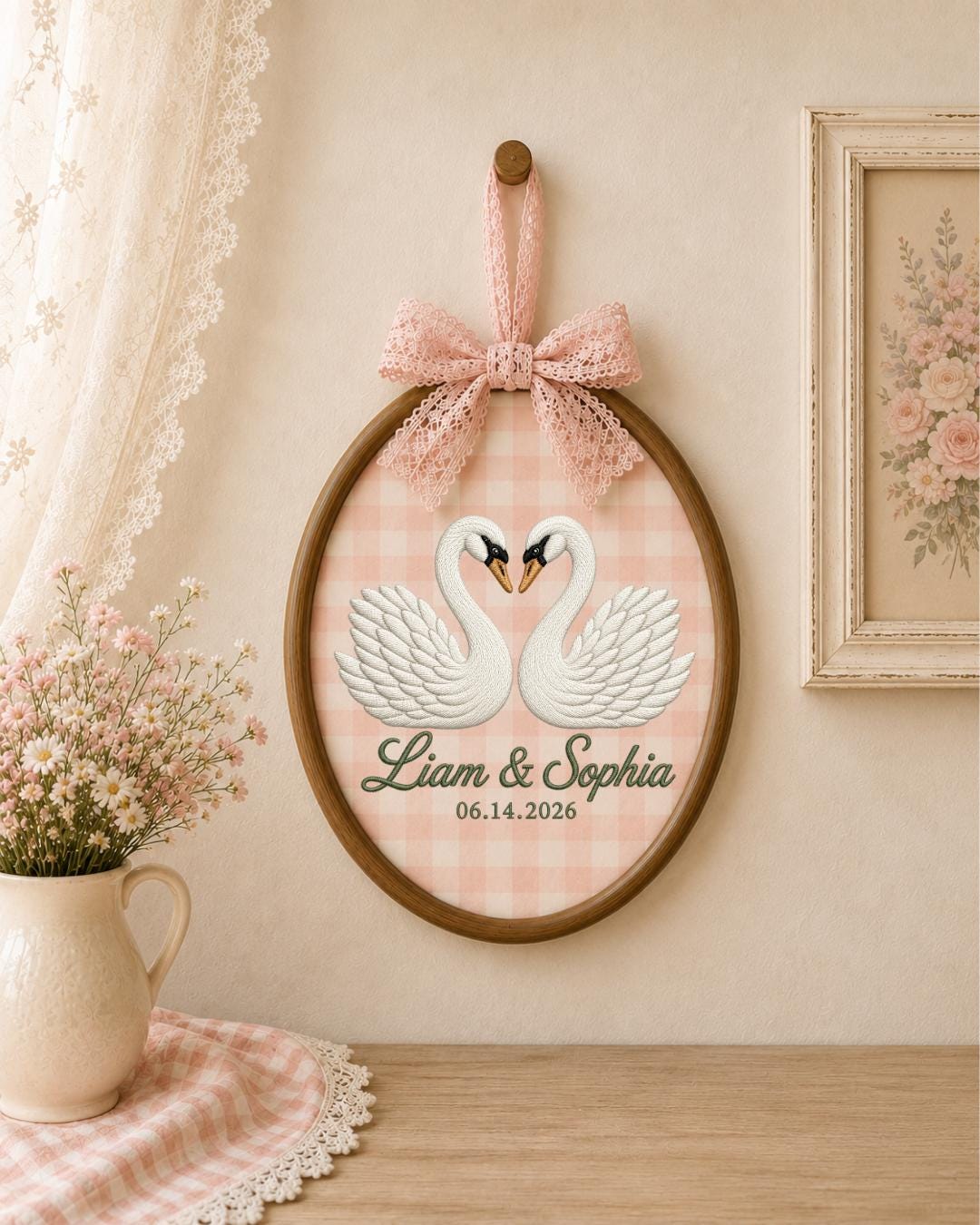 Personalized Embroidered Swan Couple Ornament, Custom Names and Date Hoop, Wedding Anniversary Gift, Romantic Couple Keepsake