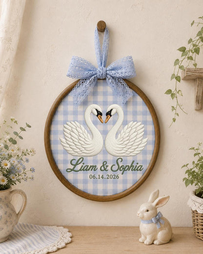 Personalized Embroidered Swan Couple Ornament, Custom Names and Date Hoop, Wedding Anniversary Gift, Romantic Couple Keepsake