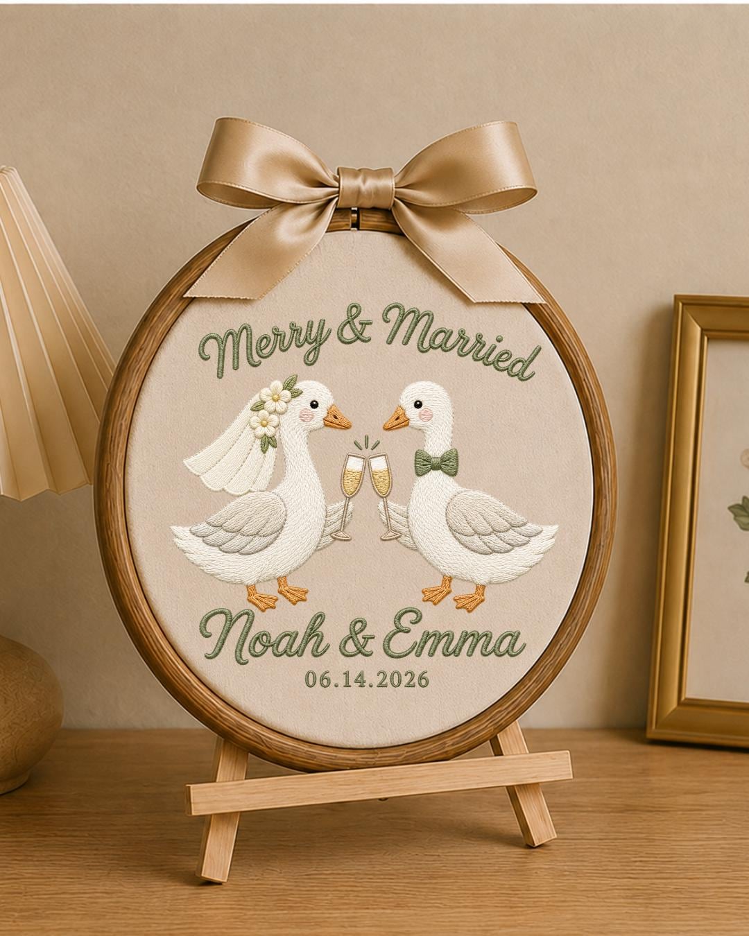 Personalized Embroidered Wedding Goose Ornament, Custom Couple Names and Date Hoop, Newlywed Gift, Wedding Keepsake, Anniversary Decor