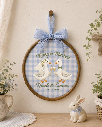 Personalized Embroidered Wedding Goose Ornament, Custom Couple Names and Date Hoop, Newlywed Gift, Wedding Keepsake, Anniversary Decor