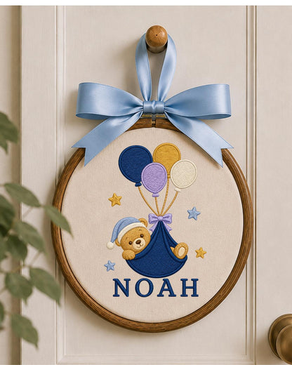 Personalized Embroidered Teddy Bear Ornament, Custom Baby Name Hoop, Balloon Nursery Decor, Baby Boy Gift, Newborn Keepsake