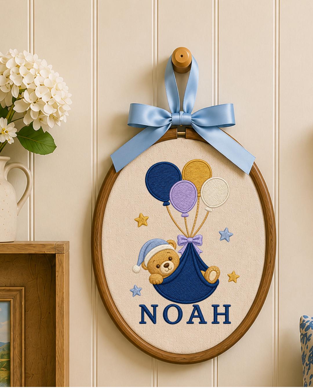 Personalized Embroidered Teddy Bear Ornament, Custom Baby Name Hoop, Balloon Nursery Decor, Baby Boy Gift, Newborn Keepsake