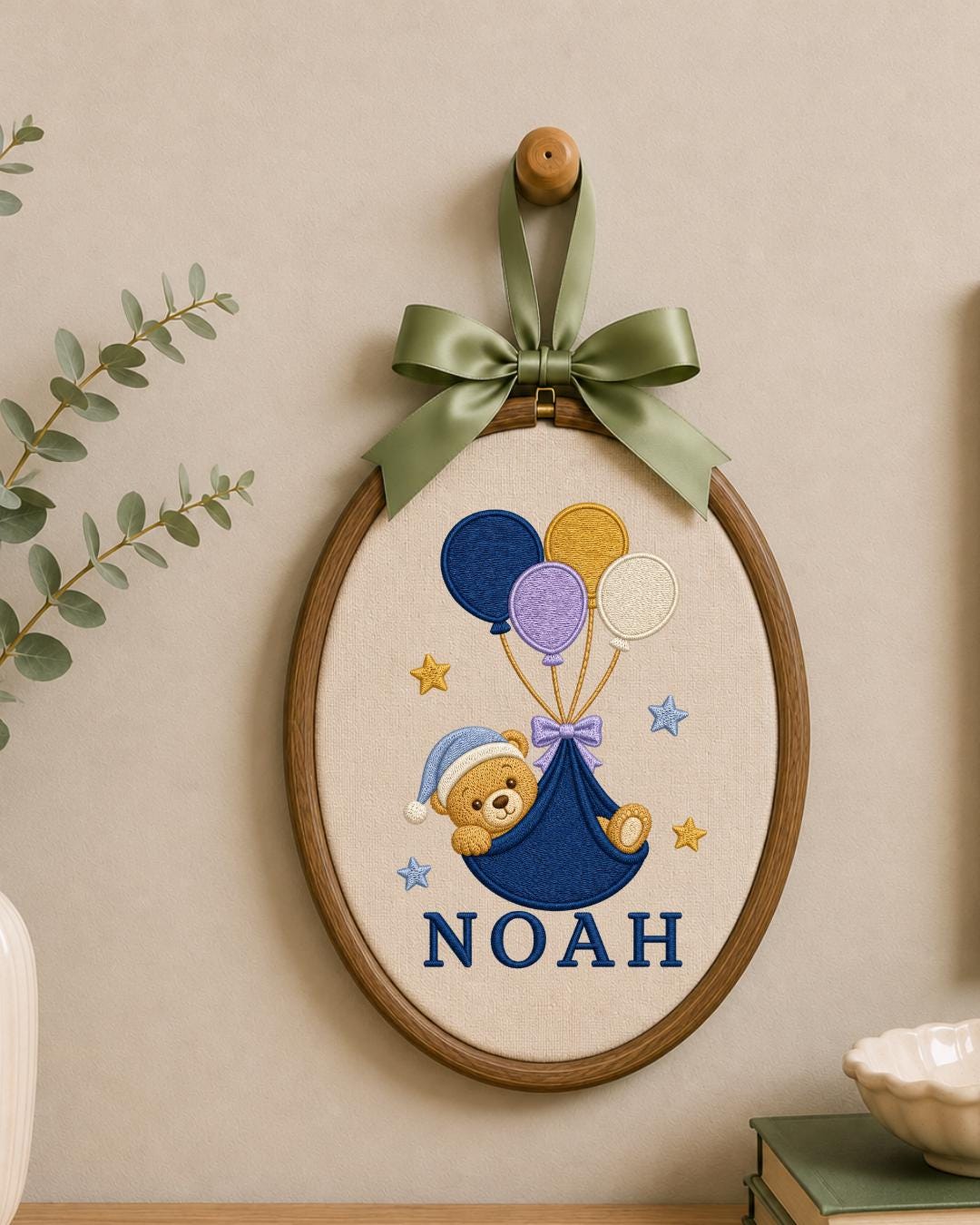 Personalized Embroidered Teddy Bear Ornament, Custom Baby Name Hoop, Balloon Nursery Decor, Baby Boy Gift, Newborn Keepsake