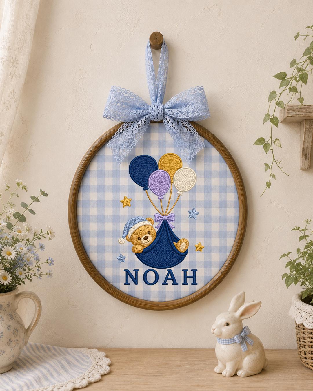 Personalized Embroidered Teddy Bear Ornament, Custom Baby Name Hoop, Balloon Nursery Decor, Baby Boy Gift, Newborn Keepsake