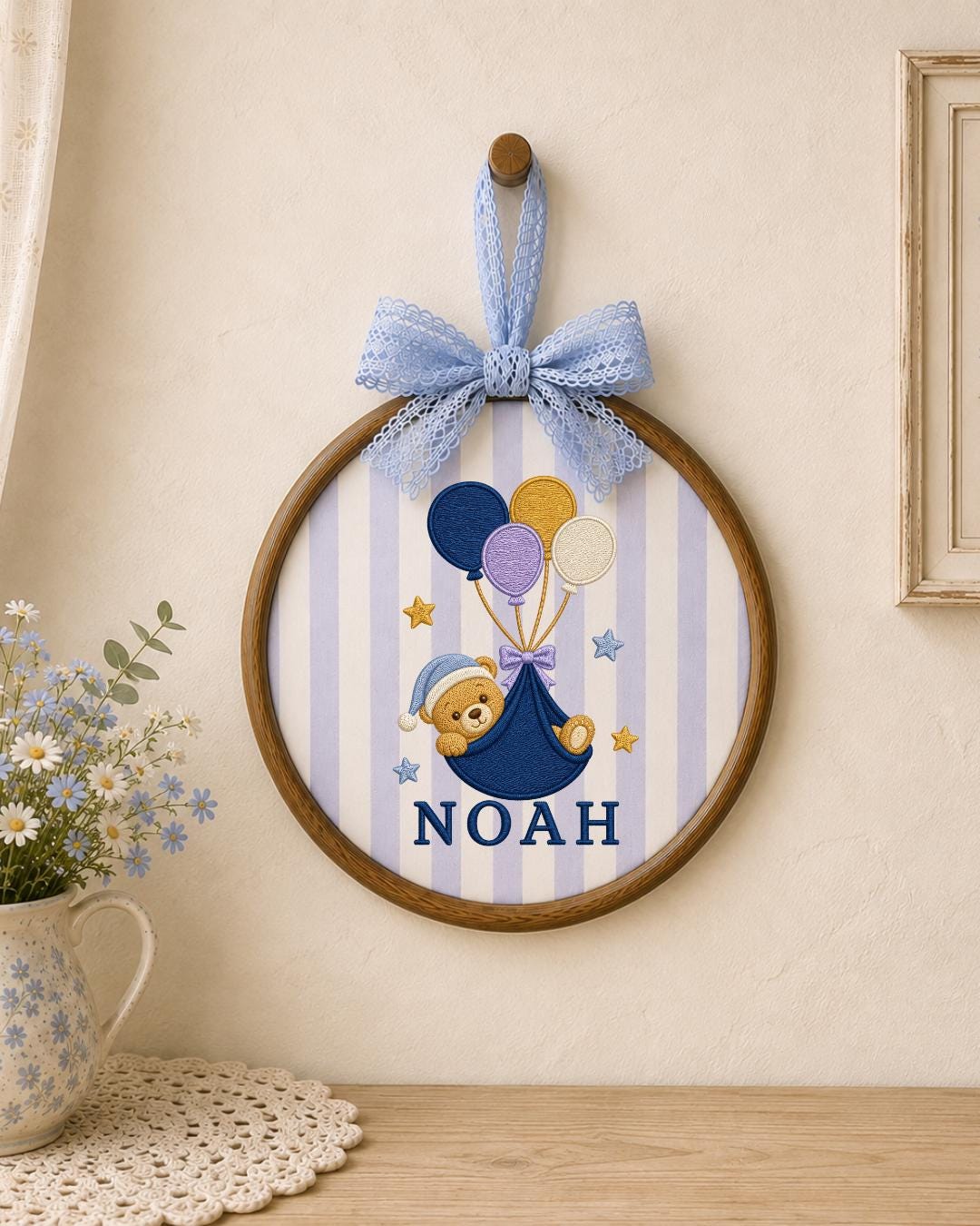 Personalized Embroidered Teddy Bear Ornament, Custom Baby Name Hoop, Balloon Nursery Decor, Baby Boy Gift, Newborn Keepsake