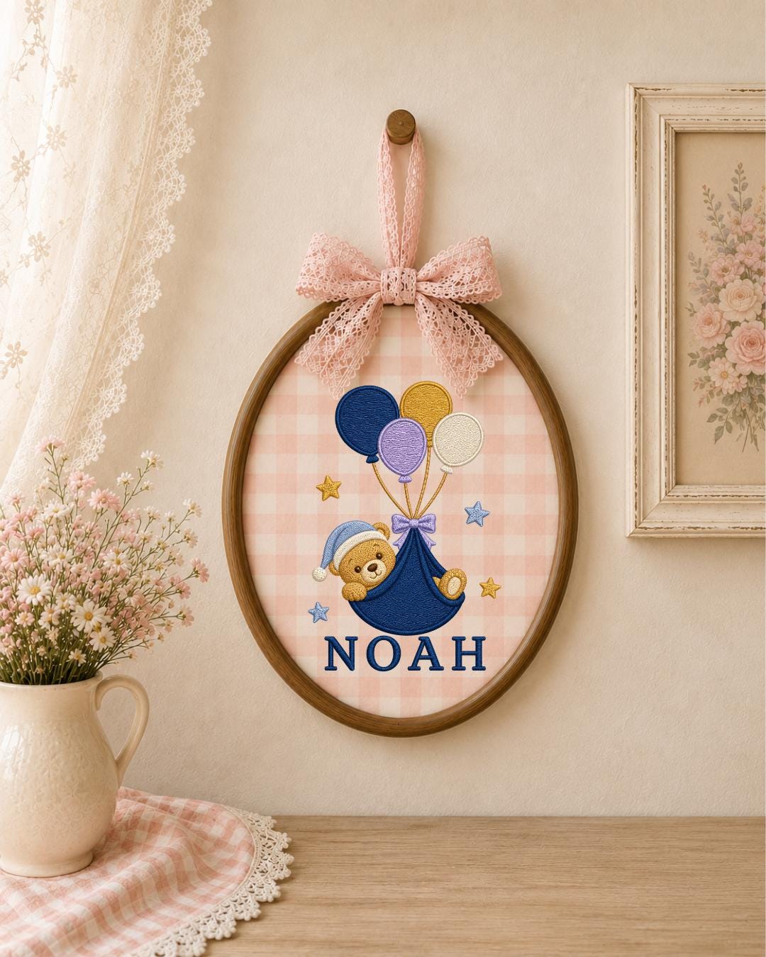 Personalized Embroidered Teddy Bear Ornament, Custom Baby Name Hoop, Balloon Nursery Decor, Baby Boy Gift, Newborn Keepsake