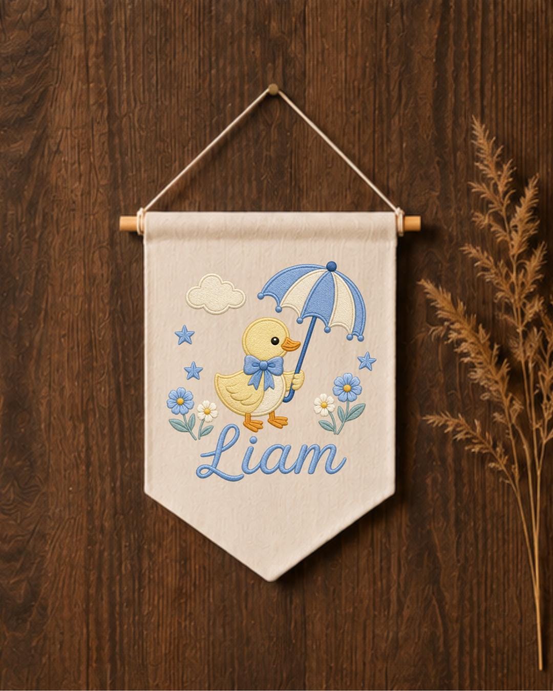 Personalized Duck Nursery Wall Hanging, Custom Name Embroidered Banner, Umbrella Goose Baby Room Decor, Baby Boy Nursery Gift