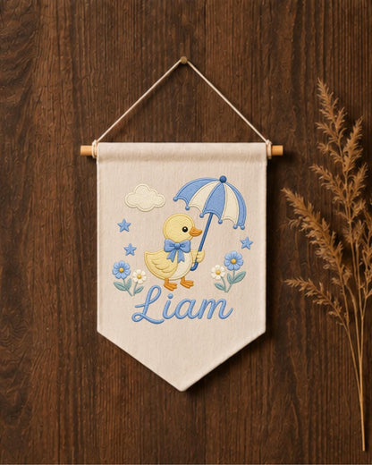 Personalized Duck Nursery Wall Hanging, Custom Name Embroidered Banner, Umbrella Goose Baby Room Decor, Baby Boy Nursery Gift