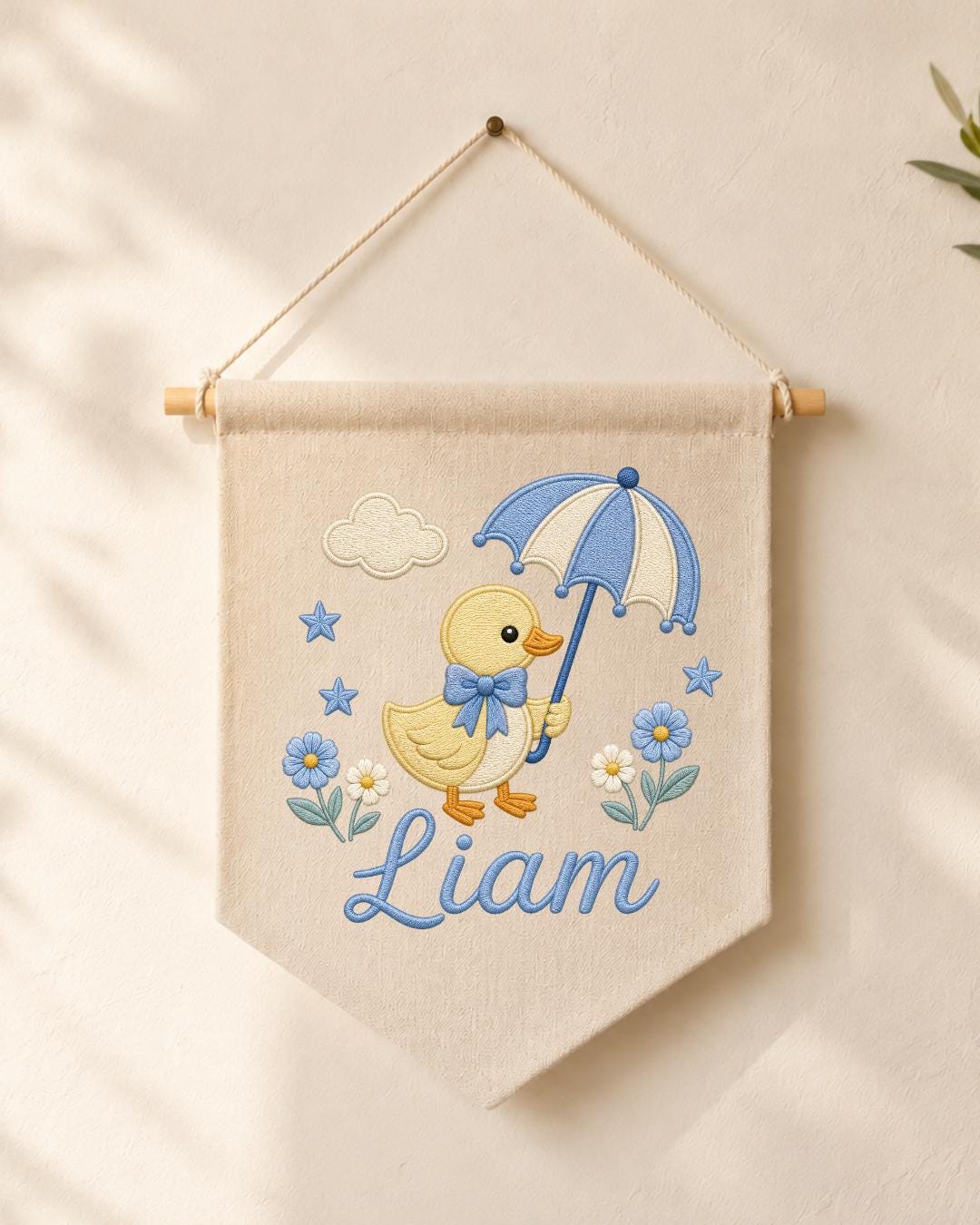 Personalized Duck Nursery Wall Hanging, Custom Name Embroidered Banner, Umbrella Goose Baby Room Decor, Baby Boy Nursery Gift