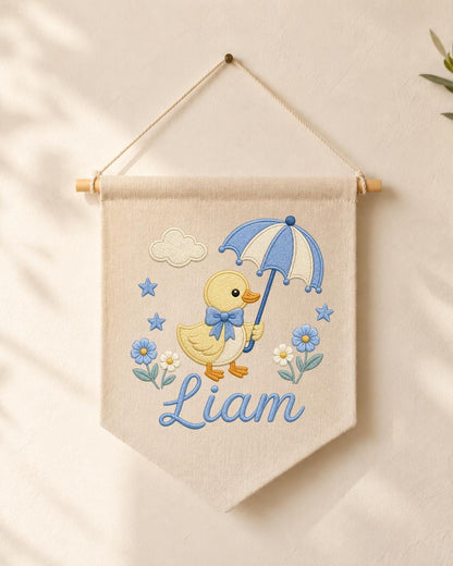 Personalized Duck Nursery Wall Hanging, Custom Name Embroidered Banner, Umbrella Goose Baby Room Decor, Baby Boy Nursery Gift