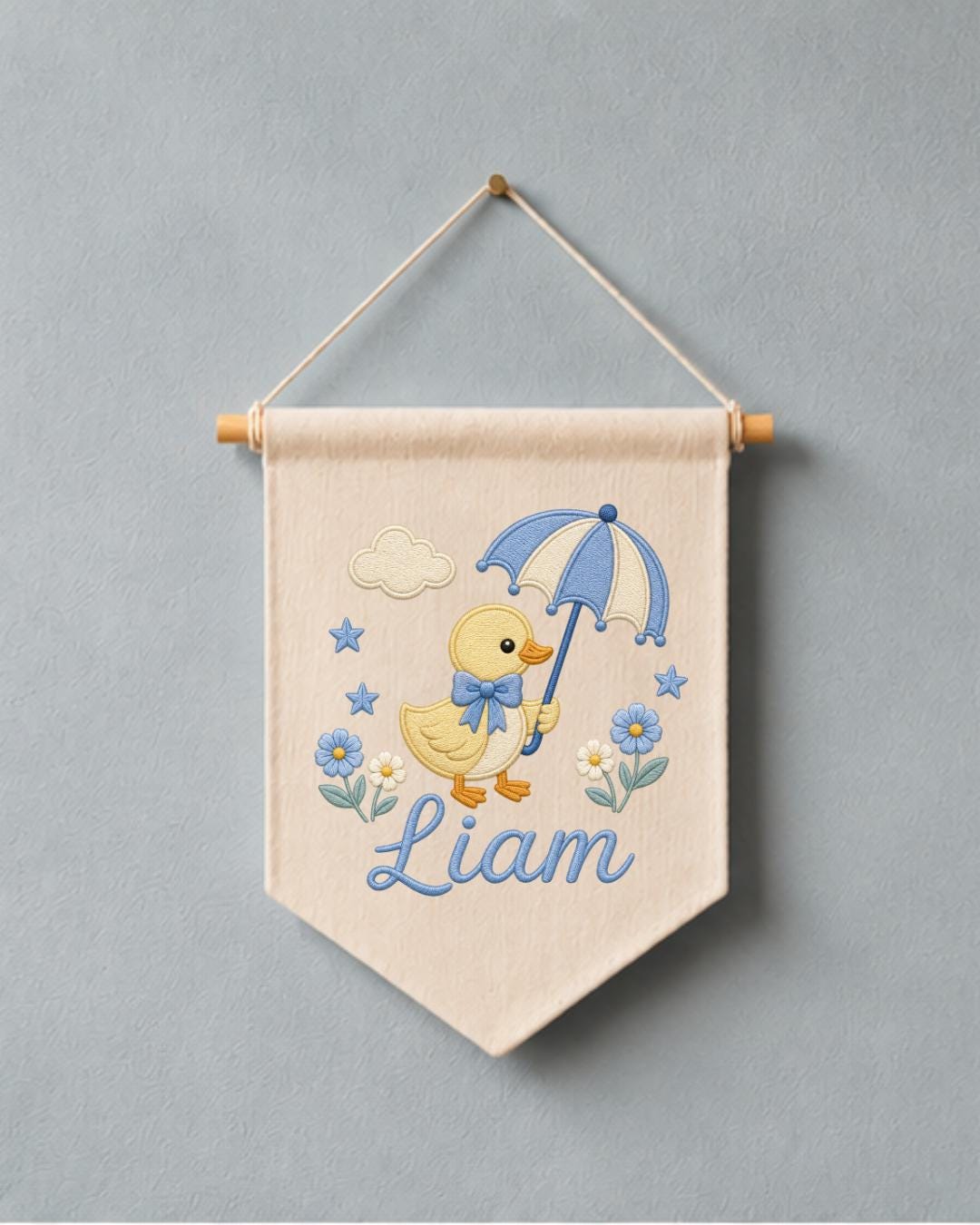Personalized Duck Nursery Wall Hanging, Custom Name Embroidered Banner, Umbrella Goose Baby Room Decor, Baby Boy Nursery Gift