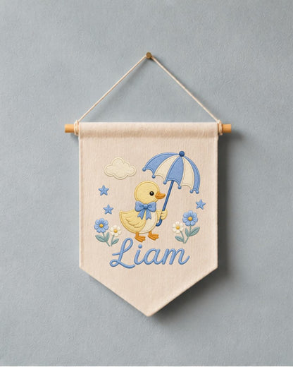 Personalized Duck Nursery Wall Hanging, Custom Name Embroidered Banner, Umbrella Goose Baby Room Decor, Baby Boy Nursery Gift