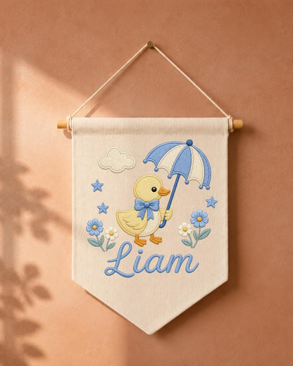 Personalized Duck Nursery Wall Hanging, Custom Name Embroidered Banner, Umbrella Goose Baby Room Decor, Baby Boy Nursery Gift