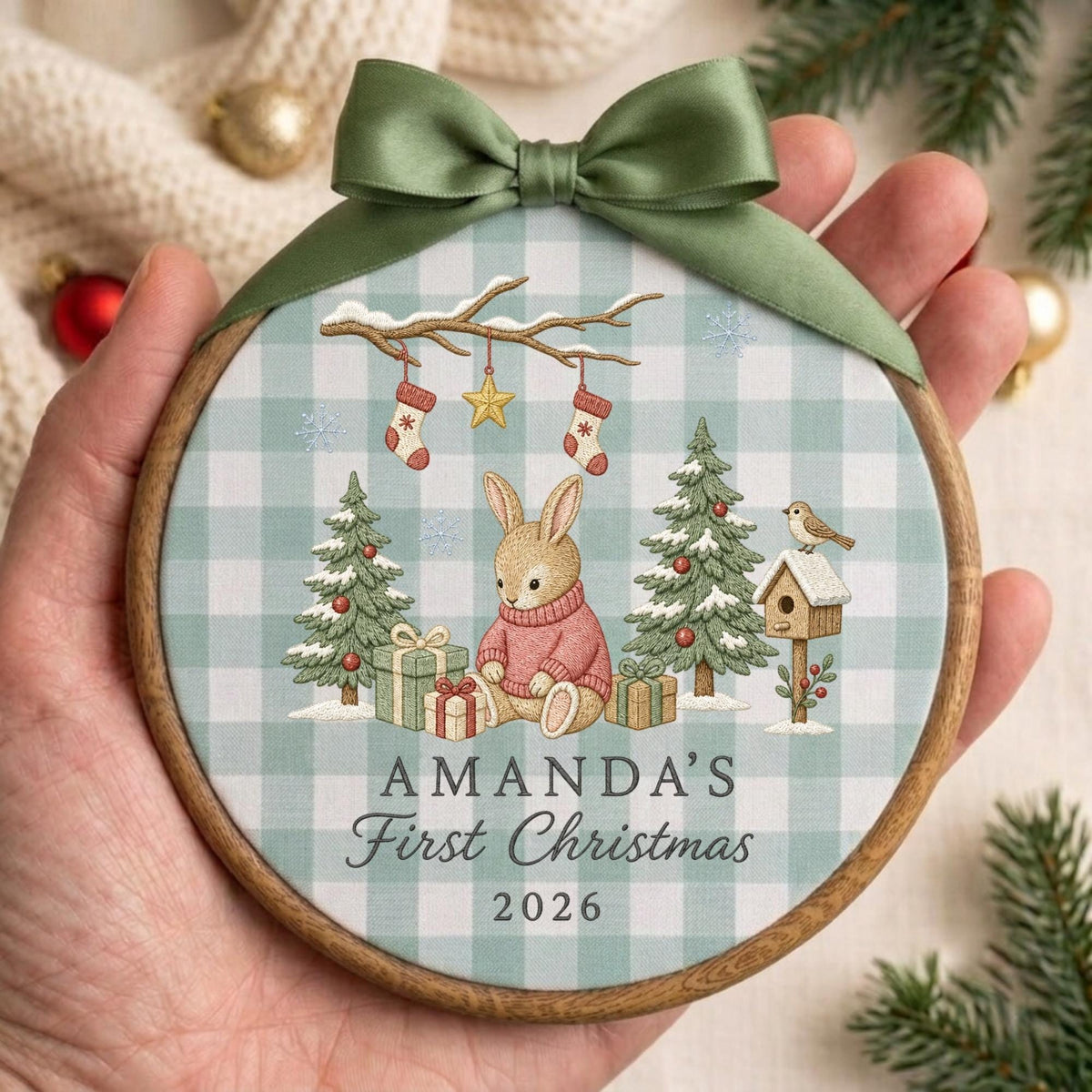 May include: A round wooden embroidery hoop ornament featuring a light green and white gingham fabric background. The design shows a rabbit in a pink sweater, Christmas trees, gifts, and stockings. Text reads: AMANDA'S First Christmas 2026.