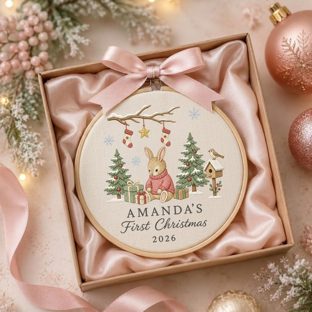 May include: A round wooden embroidery hoop containing a fabric panel with a printed illustration of a rabbit in a pink sweater, Christmas trees, gifts, and stockings. The text reads AMANDA'S First Christmas 2026. A pink satin bow is attached.