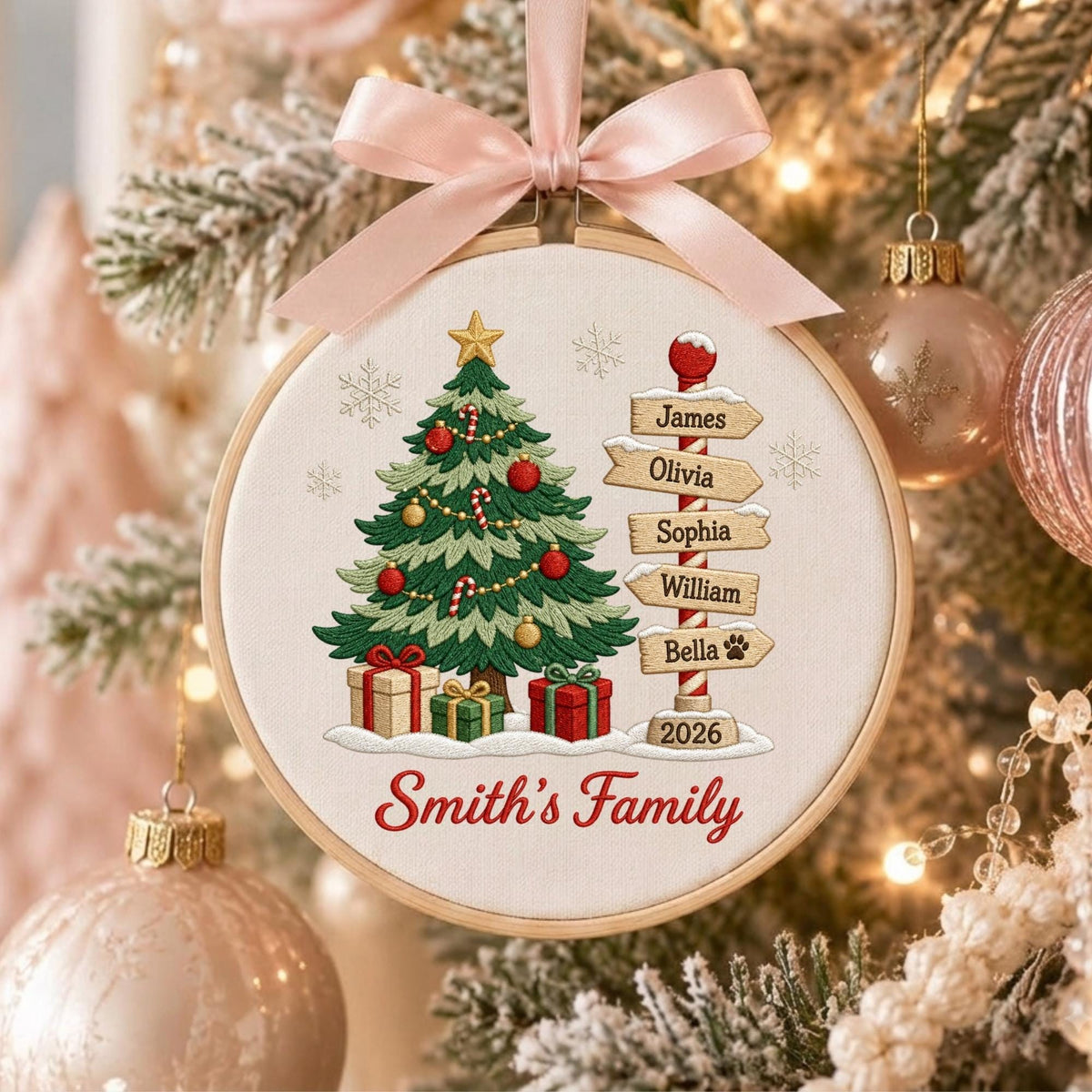 May include: A round wooden embroidery hoop ornament featuring a Christmas tree with red and gold ornaments, gifts, and a signpost with the names James, Olivia, Sophia, William, and Bella, plus 2026 and Smith's Family, topped with a pink ribbon.