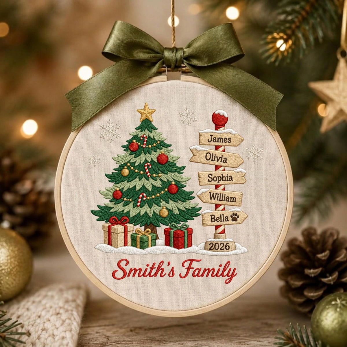 May include: A round embroidery hoop ornament featuring a green Christmas tree with red and gold ornaments, gifts, and a signpost with the names James, Olivia, Sophia, William, and Bella, plus the year 2026 and Smith's Family, topped with a green ribbon.